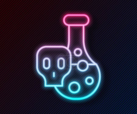 Glowing neon line Laboratory chemical beaker with toxic liquid icon isolated on black background. Biohazard symbol. Dangerous symbol with radiation icon.  Vector Poster 646328284