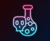 Glowing neon line Laboratory chemical beaker with toxic liquid icon isolated on black background. Biohazard symbol. Dangerous symbol with radiation icon.  Vector Poster #646328284