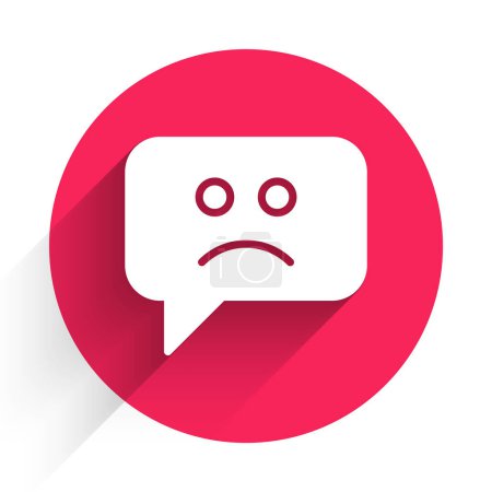 Illustration for White Sad smile icon isolated with long shadow background. Emoticon face. Red circle button. Vector - Royalty Free Image