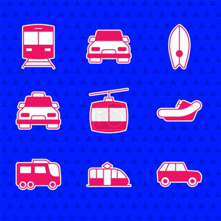Ilustración de Set Teleférico, Tranvía y ferrocarril, Coche, Barco balsa, Autobús, Taxi, Tabla de surf y Tren icono. Vector - Imagen libre de derechos