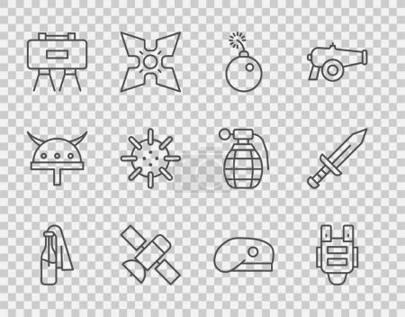 Ilustración de Set línea cóctel molotov, chaleco antibalas, bomba listo para explotar, satélite, mina militar, naval, boina y el icono de la espada. Vector - Imagen libre de derechos