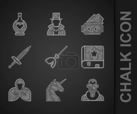 Illustration for Set Witches broom, Unicorn, Wizard warlock, Ancient magic book, Mantle, cloak, cape, Dagger, Ticket and Bottle with love potion icon. Vector - Royalty Free Image
