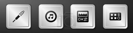 Illustration for Set Audio jack, Music note, tone, Drum machine and  icon. Silver square button. Vector - Royalty Free Image