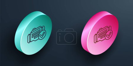 Illustration for Isometric line Check engine icon isolated on black background. Turquoise and pink circle button. Vector. - Royalty Free Image