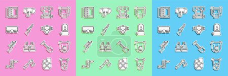 Illustration for Set line Rhinoceros, Bear head, Camping lantern, Hiking backpack, Hunting gun, cartridge belt, Matchbox and matches and Deer antlers on shield icon. Vector - Royalty Free Image