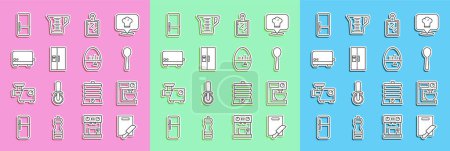 Illustration for Set line Cutting board and knife, Electric mixer, Spoon, Refrigerator, Toaster,  and Kitchen timer icon. Vector - Royalty Free Image