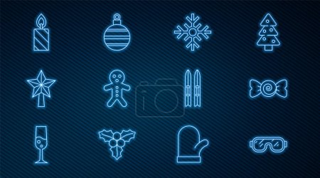 Téléchargez les illustrations : Set line Masques de ski, bonbons, flocons de neige, biscuit homme pain d'épice vacances, étoile de Noël, bougie brûlante, bâtons et icône de balle. Vecteur - en licence libre de droit