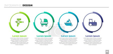 Illustration for Set Ray gun, Baby stroller, Toy boat and train. Business infographic template. Vector - Royalty Free Image