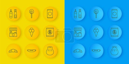 Illustration for Set line Croissant Street stall with awning Ice cream waffle cone Khinkali cutting board Hard bread chucks crackers Sauce bottle Soda can straw and Lollipop icon. Vector. - Royalty Free Image