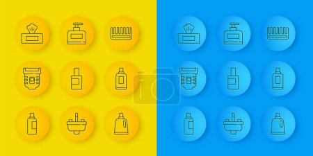 Illustration for Set line Bottle for cleaning agent Epilator Wet wipe pack Hairbrush and of shampoo icon. Vector. - Royalty Free Image