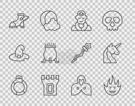 Illustration for Set line Magic stone ring with gem, Fire flame, Wizard warlock, Castle tower, Hermes sandal, Witch cauldron, Mantle, cloak, cape and Unicorn icon. Vector - Royalty Free Image