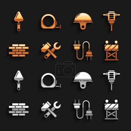 Illustration for Set Hammer and wrench spanner, Electric rotary hammer drill, Road barrier, plug, Bricks, Worker safety helmet, Trowel and Roulette construction icon. Vector - Royalty Free Image