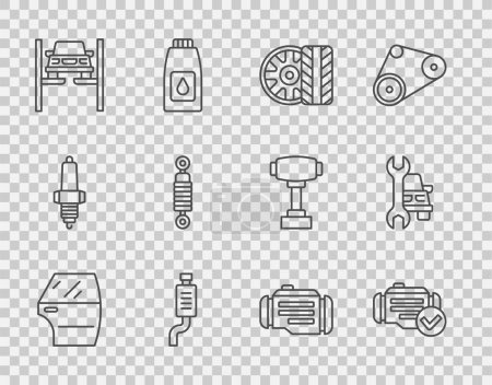Illustration for Set line Car door, Check engine, tire wheel, muffler, Repair car on lift, Shock absorber,  and service icon. Vector - Royalty Free Image