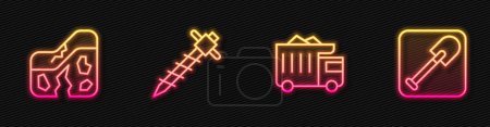 Illustration for Set line Mining dump truck Geological fault Construction jackhammer and Shovel. Glowing neon icon. Vector. - Royalty Free Image