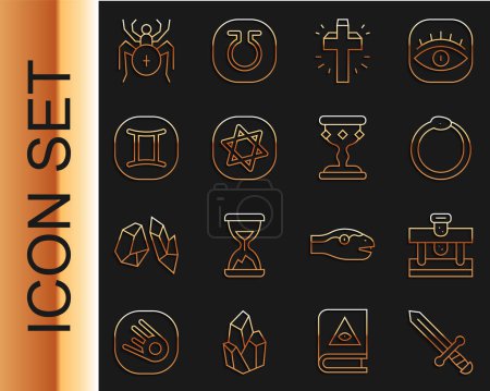 Illustration for Set line Medieval sword Bottle with potion Ouroboros Christian cross Tarot cards Gemini zodiac Spider and goblet icon. Vector. - Royalty Free Image