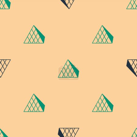 Illustration for Green and black Louvre glass pyramid icon isolated seamless pattern on beige background. Louvre museum.  Vector - Royalty Free Image