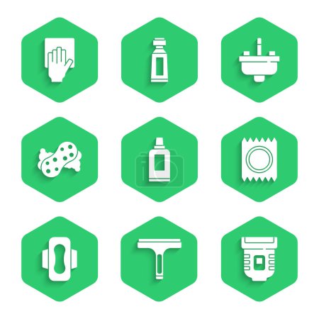 Illustration for Set Bottle for cleaning agent, Rubber cleaner, Epilator, Condom package safe sex, Sanitary napkin, Sponge, Washbasin with water tap and Cleaning service icon. Vector - Royalty Free Image