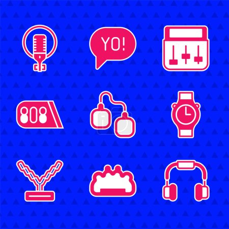 Illustration for Set Handcuffs, Brass knuckles, Headphones, Wrist watch, Rapper chain, Drum machine music,  and Microphone icon. Vector - Royalty Free Image