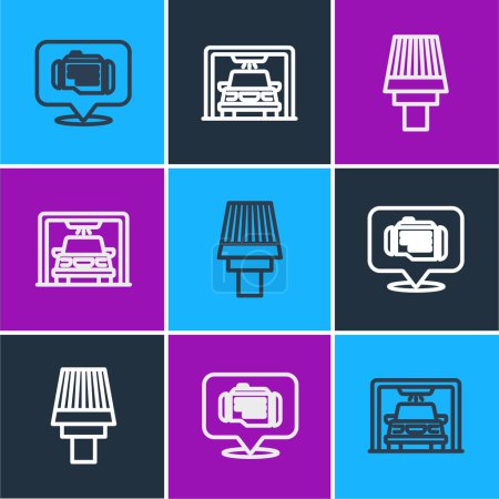 Illustration for Set line Check engine, Car air filter and wash icon. Vector - Royalty Free Image