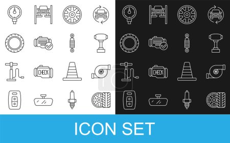 Illustration for Set line Car tire wheel, Automotive turbocharger, Gear shifter, Alloy for car, Check engine, Tire pressure gauge and Shock absorber icon. Vector - Royalty Free Image