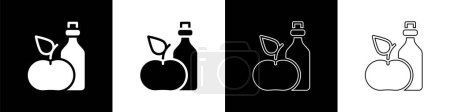 Téléchargez les illustrations : Définir le vinaigre de cidre de pomme dans une icône de bouteille isolée sur fond noir et blanc. Vecteur - en licence libre de droit