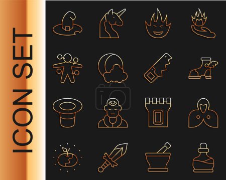 Illustration for Set line Bottle with potion, Mantle, cloak, cape, Hermes sandal, Fire flame, Moon stars, Voodoo doll, Witch hat and Hand saw icon. Vector - Royalty Free Image