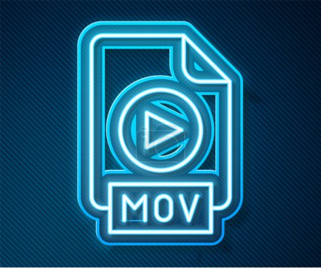 Illustration for Glowing neon line MOV file document. Download mov button icon isolated on blue background. MOV file symbol. Audio and video collection.  Vector. - Royalty Free Image