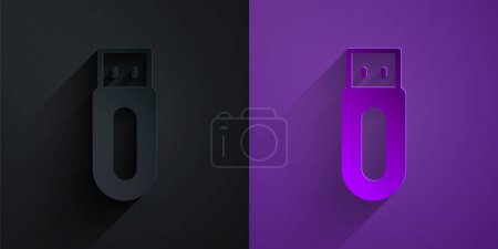 Téléchargez les illustrations : Papier découpé icône clé USB isolé sur fond noir sur fond violet. Style art du papier. Vecteur - en licence libre de droit