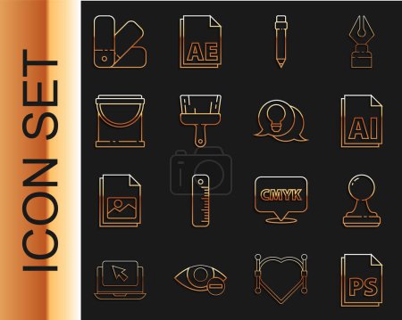 Illustration for Set line PS File document, Stamp, AI file, Pencil with eraser, Paint brush, bucket, Color palette guide and Light bulb concept of idea icon. Vector - Royalty Free Image