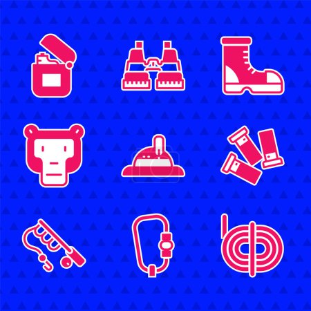 Illustration for Set Hunter hat, Carabiner, Climber rope, Cartridges, Fishing rod, Monkey, boots and Lighter icon. Vector - Royalty Free Image