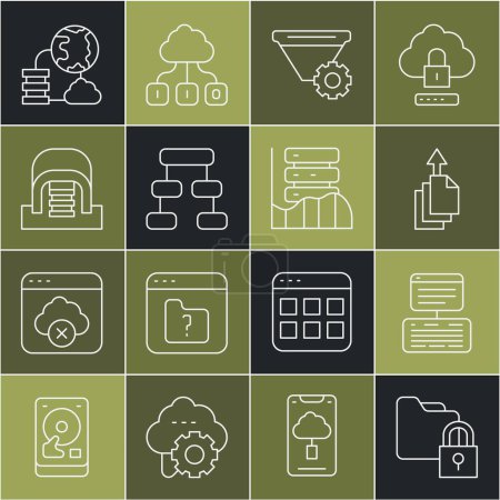 Illustration for Set line Folder and lock, Server, Data, Web Hosting, export, Filter setting, Hierarchy organogram chart, Hangar with servers, Network cloud connection and  icon. Vector - Royalty Free Image