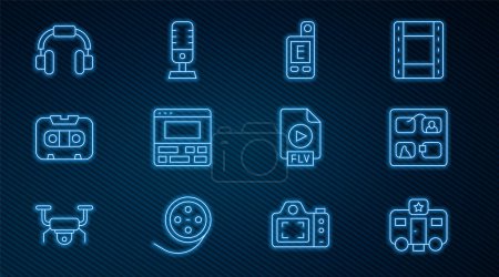 Illustration for Set line Actor trailer, Storyboard, Light meter, Video recorder on laptop, Retro audio cassette tape, Headphones, FLV file document and Microphone icon. Vector - Royalty Free Image