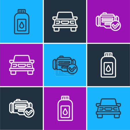 Illustration for Set line Canister for motor machine oil, Check engine and Car icon. Vector - Royalty Free Image