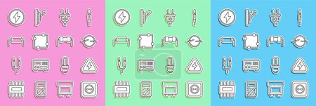 Illustration for Set line Electrical outlet, High voltage, circuit scheme, plug, Resistor electricity, Lightning bolt and  icon. Vector - Royalty Free Image