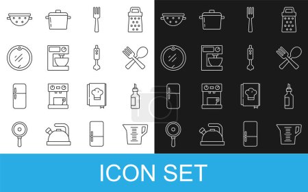 Illustration for Set line Measuring cup, Bottle of olive oil, Crossed fork and spoon, Fork, Electric mixer, Cutting board, Kitchen colander and Blender icon. Vector - Royalty Free Image