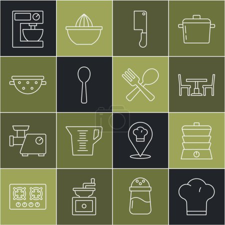 Illustration for Set line Chef hat, Slow cooker, Wooden table with chair, Meat chopper, Spoon, Kitchen colander, Electric mixer and Crossed fork spoon icon. Vector - Royalty Free Image