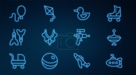 Illustration for Set line Submarine toy, Whirligig, Rubber duck, Slingshot, Dart arrow, Balloons, Ray gun and Kite icon. Vector - Royalty Free Image