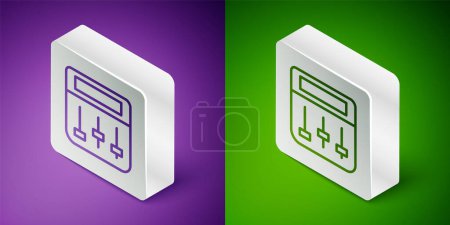 Illustration for Isometric line Drum machine music producer equipment icon isolated on purple and green background. Silver square button. Vector - Royalty Free Image