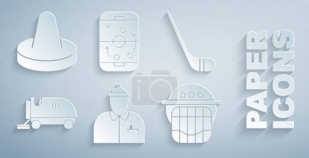 Illustration for Set Hockey coach, Ice hockey stick, resurfacer, helmet, Planning strategy and Mallet for playing air icon. Vector - Royalty Free Image