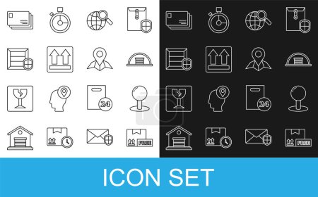 Illustration for Set line Cardboard box with free symbol, Push pin, Hangar, Magnifying glass globe, This side up, Delivery pack security shield, Envelope and Placeholder on map paper icon. Vector - Royalty Free Image