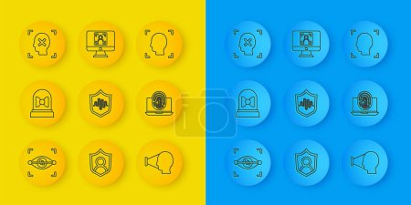Illustration for Set line Eye scan, Motion sensor, Shield voice recognition, Face, Laptop with fingerprint, Rejection face,  and  icon. Vector - Royalty Free Image