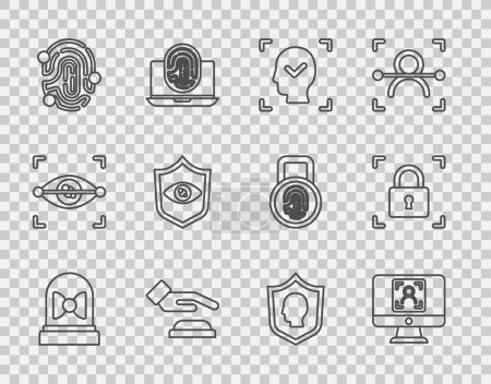 Illustration for Set line Motion sensor, Face recognition, Palm print, Fingerprint, Shield eye scan, User protection and with lock icon. Vector - Royalty Free Image