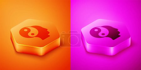 Ilustración de Isométrico Yin Yang símbolo de armonía y equilibrio icono aislado sobre fondo naranja y rosa. Botón hexágono. Vector - Imagen libre de derechos