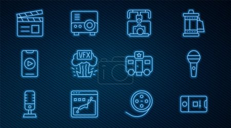 Illustration for Set line Photo and video shooting, Microphone, Gimbal stabilizer with camera, VFX, Online play, Movie clapper, Actor trailer and Media projector icon. Vector - Royalty Free Image