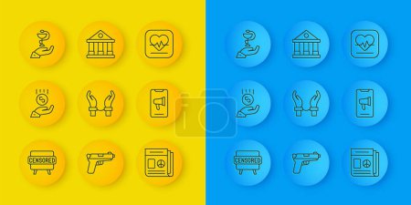 Illustration for Set line Censored stamp, Coins on hand - minimal wage, Handcuffs hands of criminal, News, Protest, Caduceus snake medical, Heart rate and Courthouse building icon. Vector - Royalty Free Image