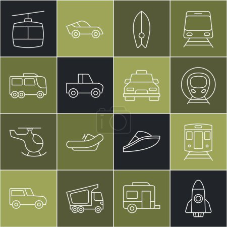 Illustration for Set line Rocket ship, Train and railway, Surfboard, Pickup truck, Bus, Cable car and Taxi icon. Vector - Royalty Free Image