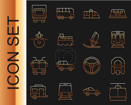 Illustration for Set line Cable car, Rafting boat, Train and railway, Tram, Cargo ship with boxes delivery, Submarine, Delivery cargo truck and Windsurfing icon. Vector - Royalty Free Image