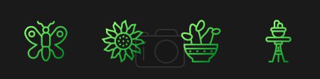 Set line Cactus peyote in pot, Butterfly, Flower and Plant on table. Gradient color icons. Vector