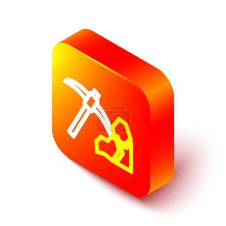 Ilustración de Línea isométrica Icono minero de oro aislado sobre fondo blanco. Botón cuadrado naranja. Vector - Imagen libre de derechos