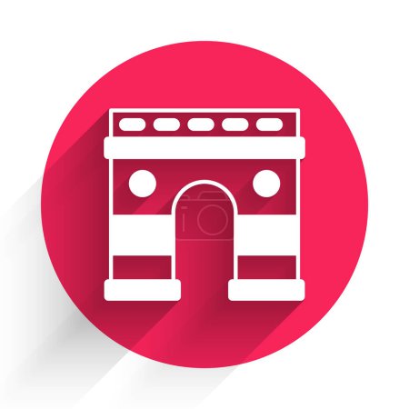 Illustration for White Triumphal Arch icon isolated with long shadow background. Landmark of Paris, France. Red circle button. Vector - Royalty Free Image